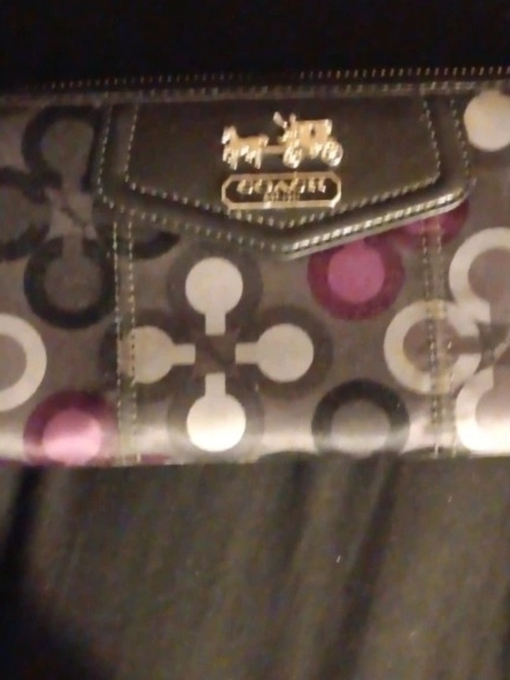 Coach Signature Circle Print Sateen Long Wallet - Black, Gray & Purple